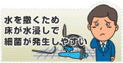 水を撒くため床が水浸しで細菌が発生しやすい