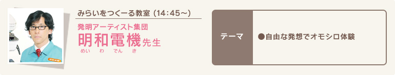 みらいをつくーる教室 (14時45分～)/発明アーティスト集団 明和電機(めいわでんき)先生/テーマ ●自由な発想でオモシロ体験