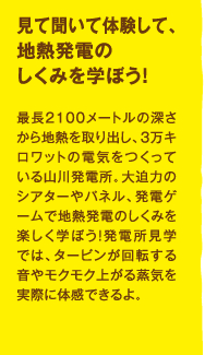 見て聞いて体験して、地熱発電のしくみを学ぼう! 最長2,100メートルの深さから地熱を取り出し、3万キロワットの電気をつくっている山川発電所。大迫力のシアターやパネル、発電ゲームで地熱発電のしくみを楽しく学ぼう!発電所見学では、タービンが回転する音やモクモク上がる蒸気を実際に体感できるよ。