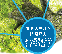 電気式空調で問題解決：優れた環境性に加えて，省エネルギー，省コストを実現します。