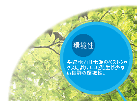 環境性：系統電力は電源のベストミックスにより，CO2の発生が少ない抜群の環境性