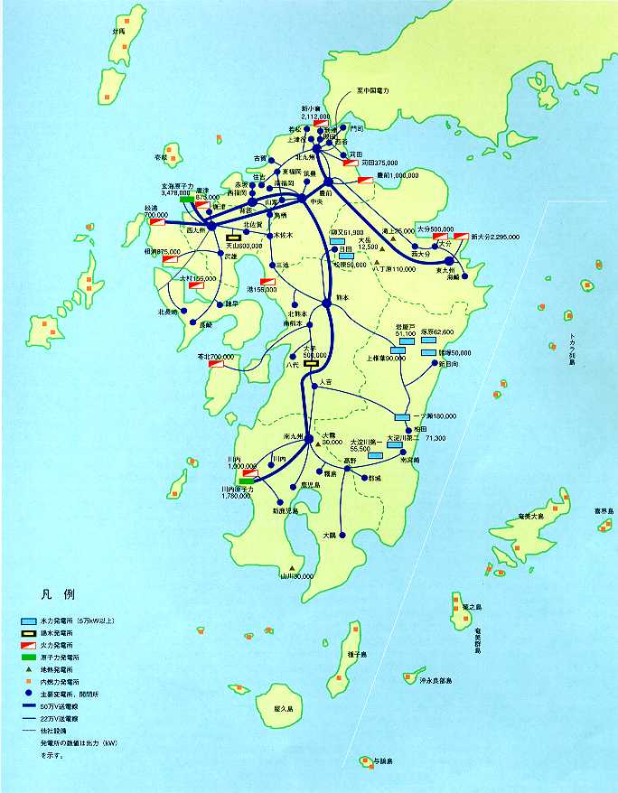 九州の主要供給設備の分布地図