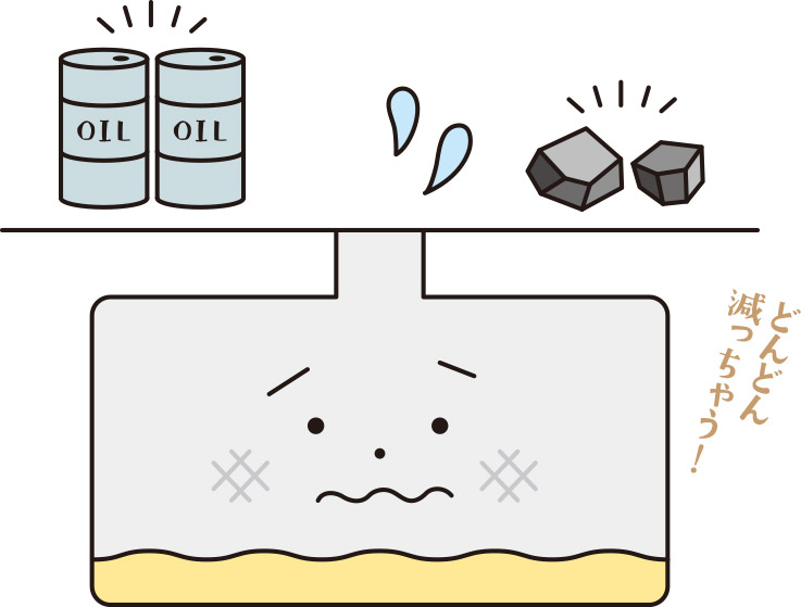 原料の石油や石炭はいつかなくなる…。イラスト