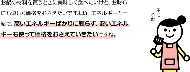 お鍋の材料を買うときに美味しく食べたいけど、お財布にも優しく価格をおさえたいですよね。エネルギーも一緒で、高いエネルギーばかりに頼らず、安いエネルギーも使って価格をおさえていきたいですね。