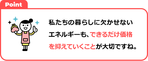 私たちの暮らしに欠かせないエネルギーも、できるだけ価格を抑えていくことが大切ですね。