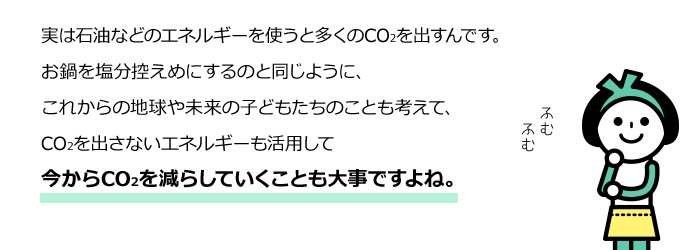 実は石油などのエネルギーを使うと多くのCO2を出すんです。お鍋を塩分控えめにするのと同じように、これからの地球や未来の子どもたちのことも考えて、CO2を出さないエネルギーも活用して今からCO2を減らしていくことも大事ですよね。 /