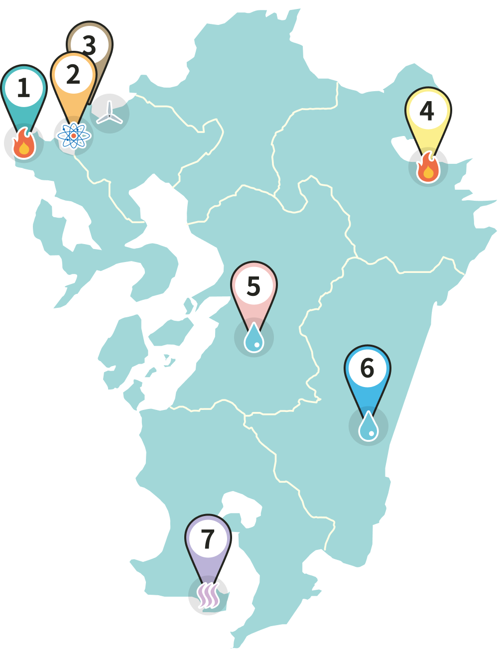 九州の地図上に7つの発電所がピンで刺されている。