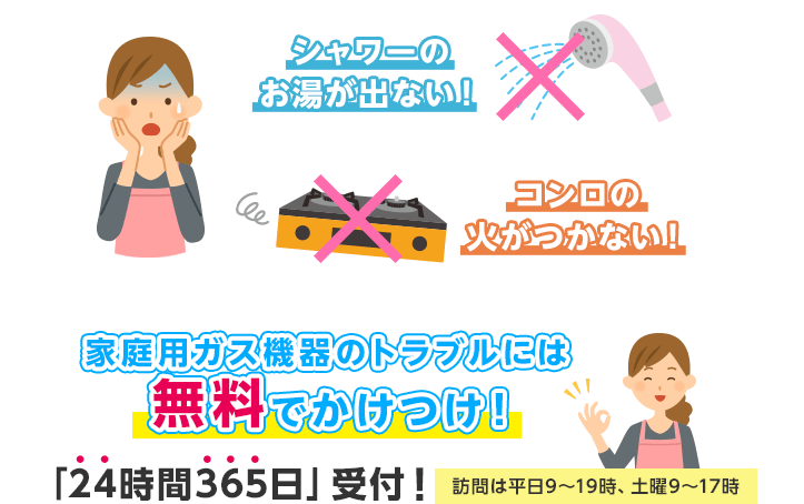 シャワーのお湯が出ない！コンロの火がつかない！家庭用ガス機器のトラブルには無料でかけつけ！「24時間365日」受付！訪問は平日9～19時、土曜9～17時