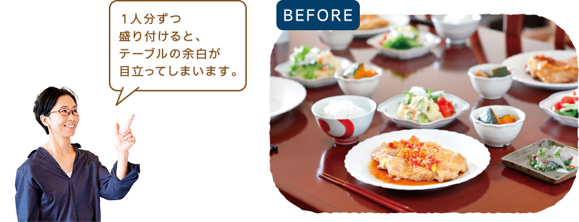 聖子さんが料理をレイアウトした食卓を見て、矢田さんが「１人分ずつ盛り付けると、テーブルの余白が目立ってしまいます。」とアドバイスしている写真