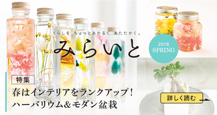 みらいと 2018 SPRING 特集 春はインテリアをランクアップ！ハーバリウム＆モダン盆栽 詳しく読む