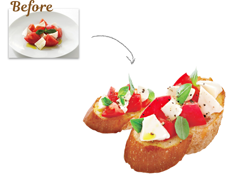 トマトとモッツァレラチーズのカプレーゼをパンの上に盛りつけた写真