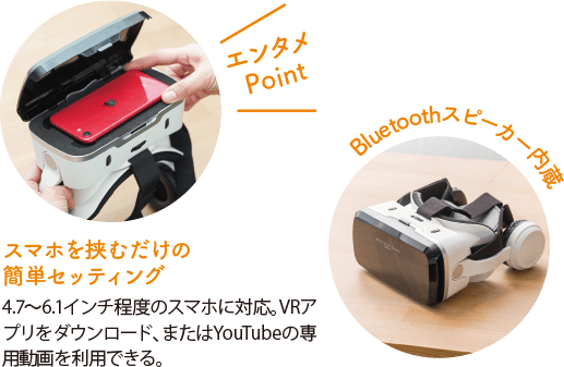 エンタメPoint スマホを挟むだけの簡単セッティング 4.7～6.1インチ程度のスマホに対応。VRアプリをダウンロード、またはYoutubeの専用動画を利用できる。 BlueToothスピーカー内蔵