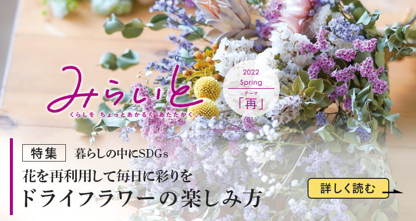 みらいと 2022 Spring テーマ 「再」 暮らしの中にSDGs 花を再利用して毎日に彩りを ドライフラワーの楽しみ方 詳しく読む