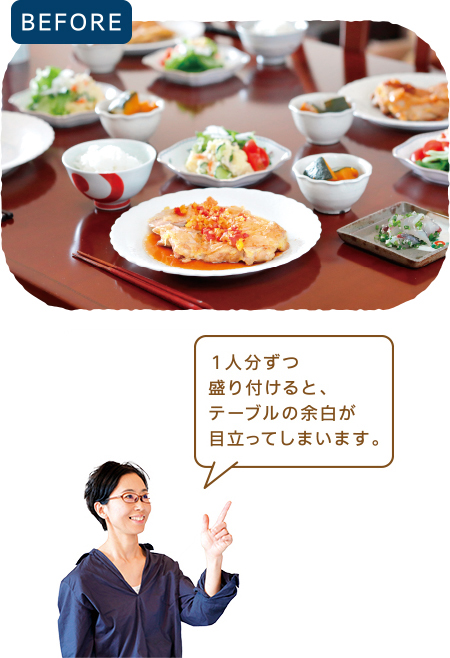 聖子さんが料理をレイアウトした食卓を見て、矢田さんが「１人分ずつ盛り付けると、テーブルの余白が目立ってしまいます。」とアドバイスしている写真