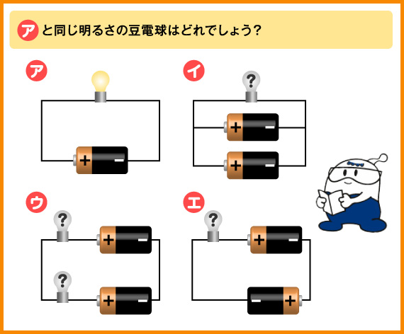 （ア）と同じ明るさの豆電球はどれでしょう？