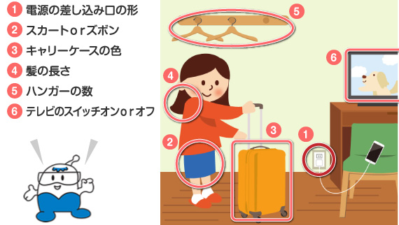 （１）電源の差し込み口の形、（２）スカートorズボン、（３）キャリーケースの色、（４）髪の長さ、（５）ハンガーの数、（６）テレビのスイッチオンorオフ