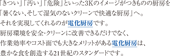 「きつい」「汚い」「危険」といった3Kのイメージがつきものの厨房を「暑くない、そして湿気のないクリーンで快適な厨房」へ。それを実現してくれるのが電化厨房です。厨房環境を安全・クリーンに改善できるだけでなく、作業効率やコスト面でも大きなメリットがある電化厨房は、豊かな食を創造する21世紀のスタンダードです。