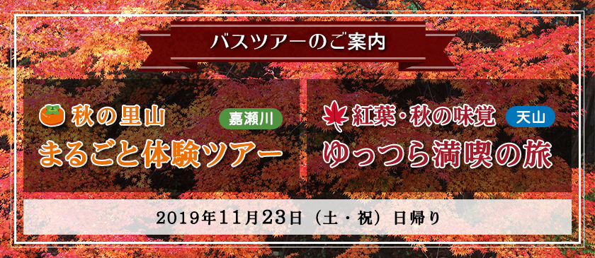 バスツアーのご案内、秋の里山まるごと体験ツアー（嘉瀬川）、紅葉・秋の味覚　ゆっつら満喫の旅（天山）、2019年11月23日（土曜日）日帰り