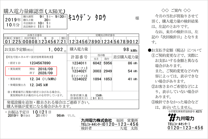 検針票：購入電力量確認票のイメージ