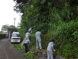 「松浦史料博物館」（平戸市鏡川町）周辺の石垣除草