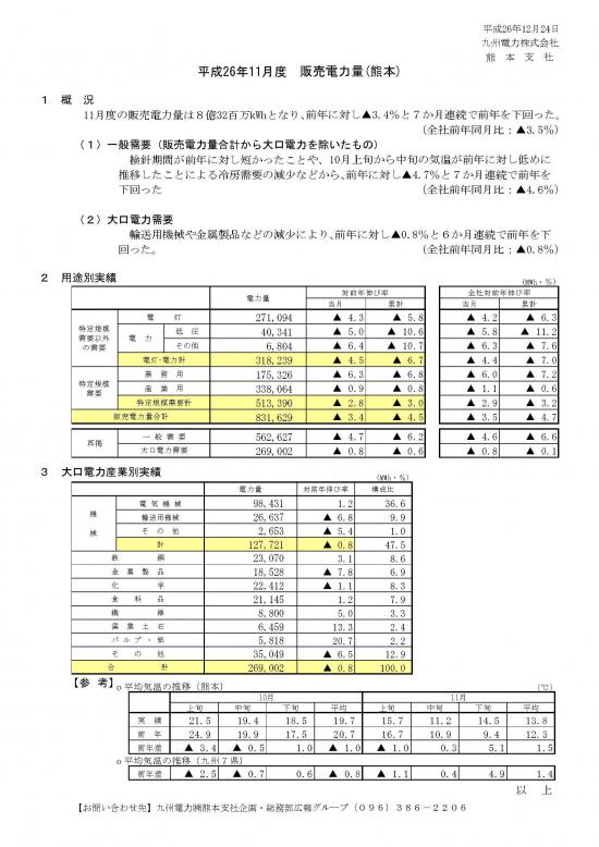 平成26年11月度　販売電力量について