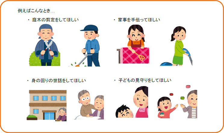 例えばこんなとき　・庭木の剪定をしてほしい　・家事を手伝ってほしい　・身の回りの世話をしてほしい　・子どもの見守りをしてほしい