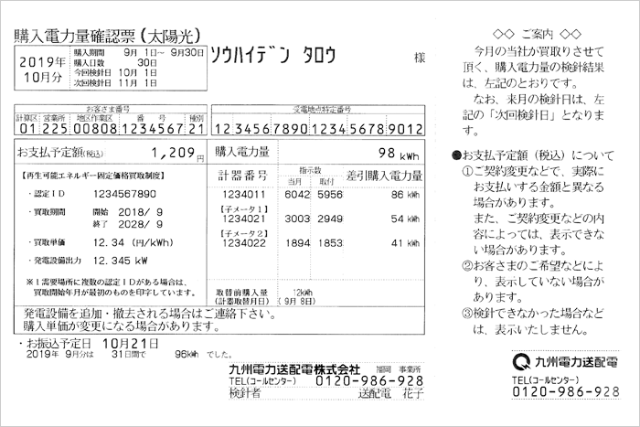 検針票：購入電力量確認票のイメージ