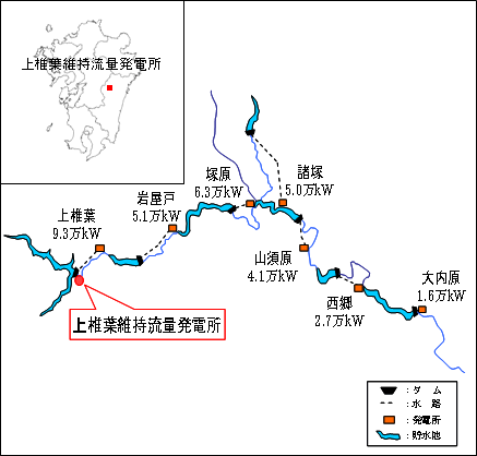 上椎葉維持流量発電所の所在地を表した地図
