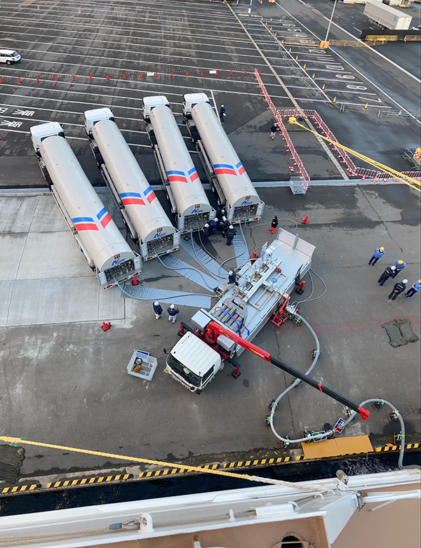 LNG fuel being supplied by four tank trucks and skid