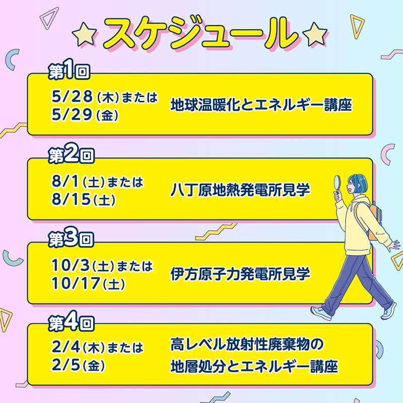 スケジュール：第1回 5/28（木）または5/29（金） 地球温暖化とエネルギー講座、第2回 8/1（土）または8/15（土） 八丁原地熱発電所見学、第3回 10/3（土）または10/17（土） 伊方原子力発電所見学、第4回 2/4（木）または2/5（金） 高レベル放射性廃棄物の地層処分とエネルギー講座