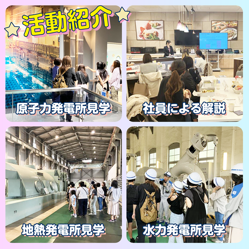 活動紹介：原子力発電所見学、社員による解説、地熱発電所見学、水力発電所見学